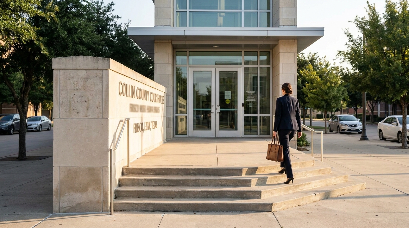 attorney carrying briefcase ascending steps of Collin County Courthouse Frisco Texas