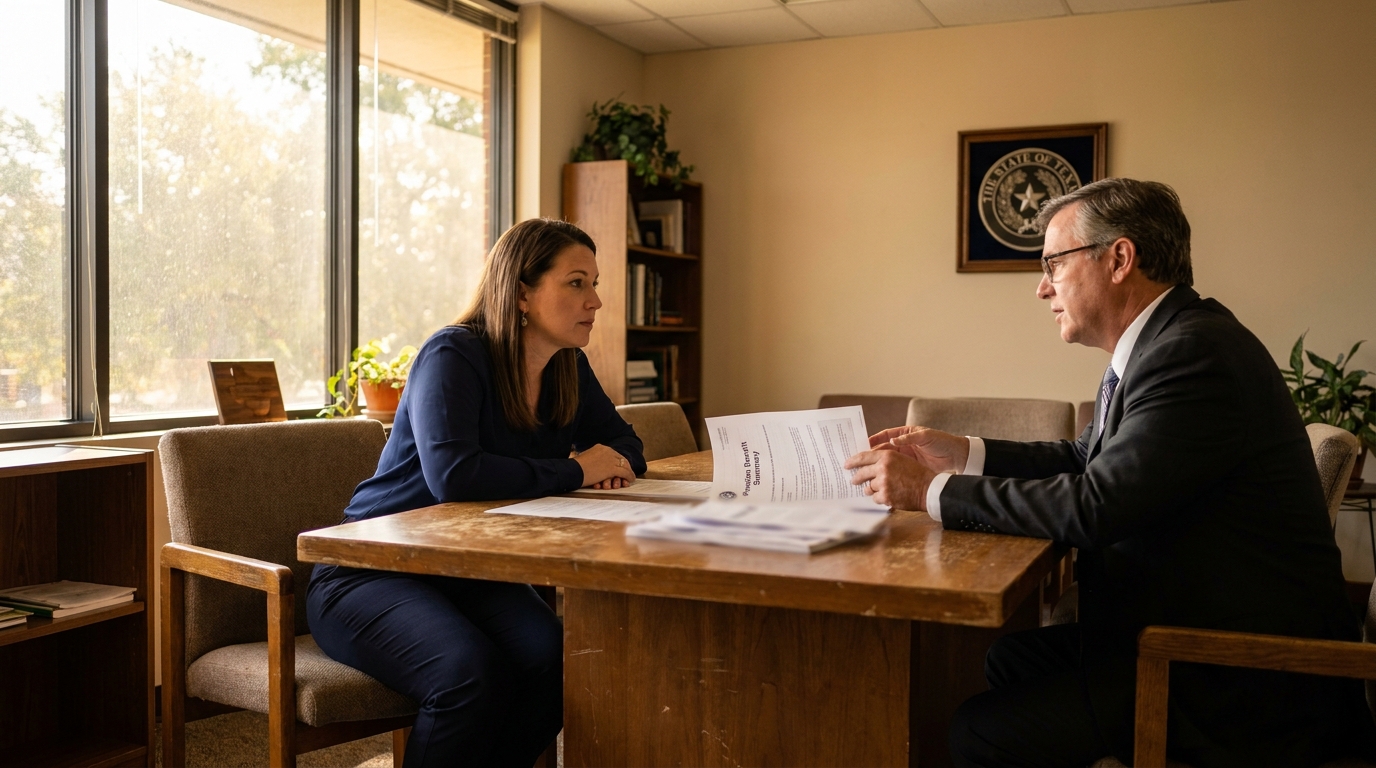 Texas Attorney Explaining QDRO Alternate Payee Retirement Rights attorney presenting Pension Benefit Summary document to client across office desk
