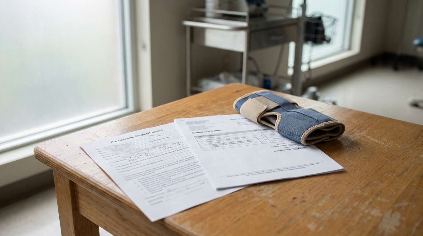 Pre-operative Surgical Consent form and Medical Cost Estimate beside orthopedic brace on exam table
