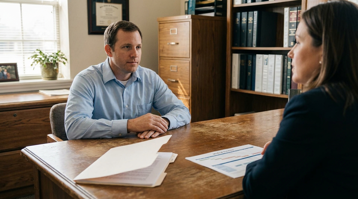 attorney meeting with client across desk with medical timeline document visible