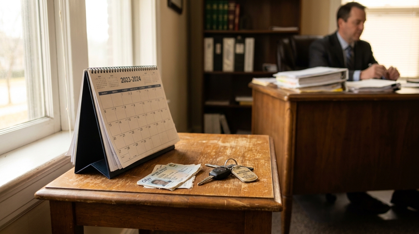 Columbus Car Accident Claim Deadline Calendar Attorney Office 2023-2024 desk calendar, Ohio ID, and car keys on table in law office