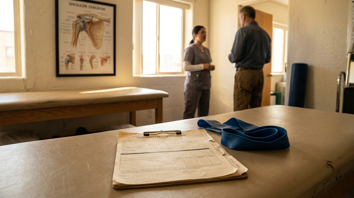 Functional Capacity Evaluation form on exam table with shoulder diagram poster visible