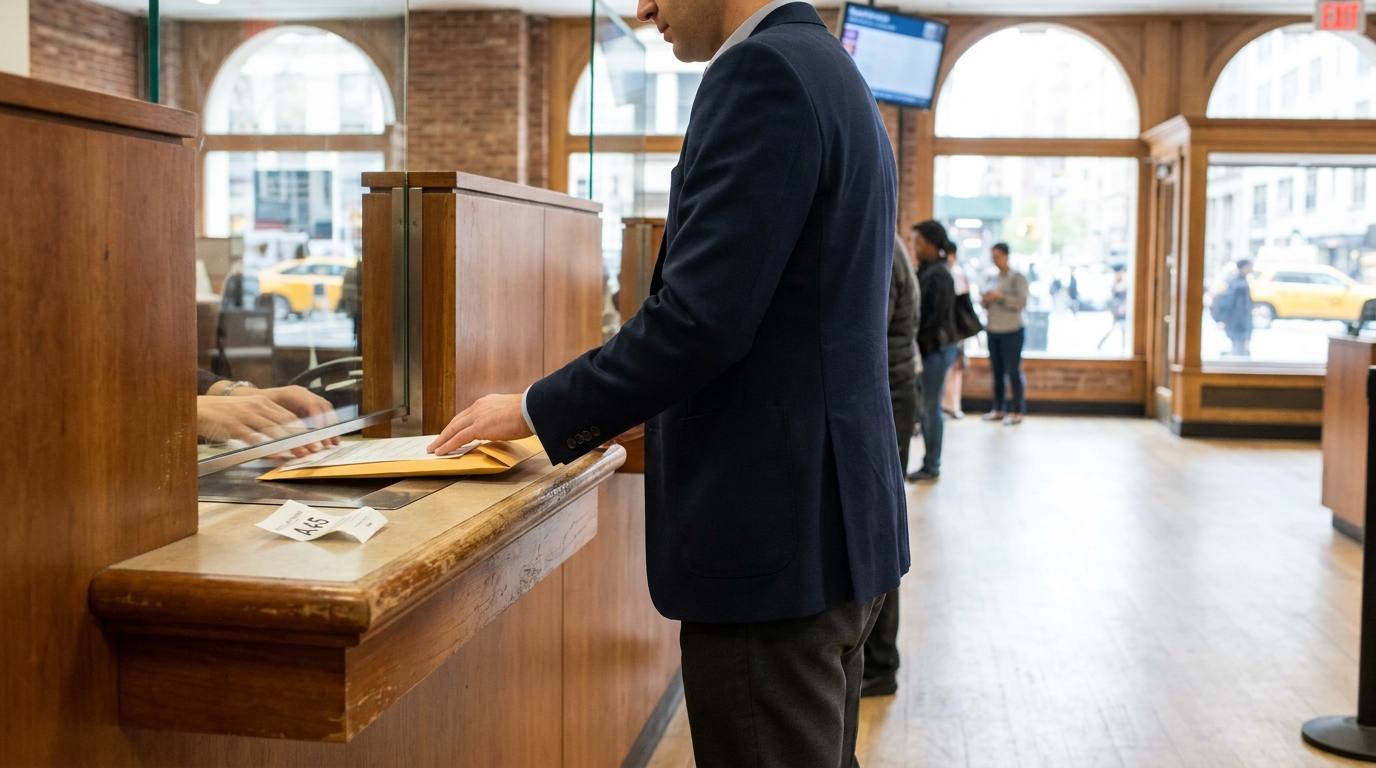 suited man submitting envelope documents at formal service counter window