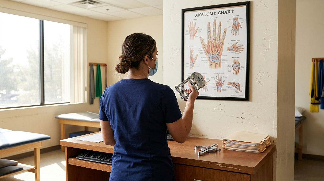 masked medical professional holding grip strength device near framed anatomy chart