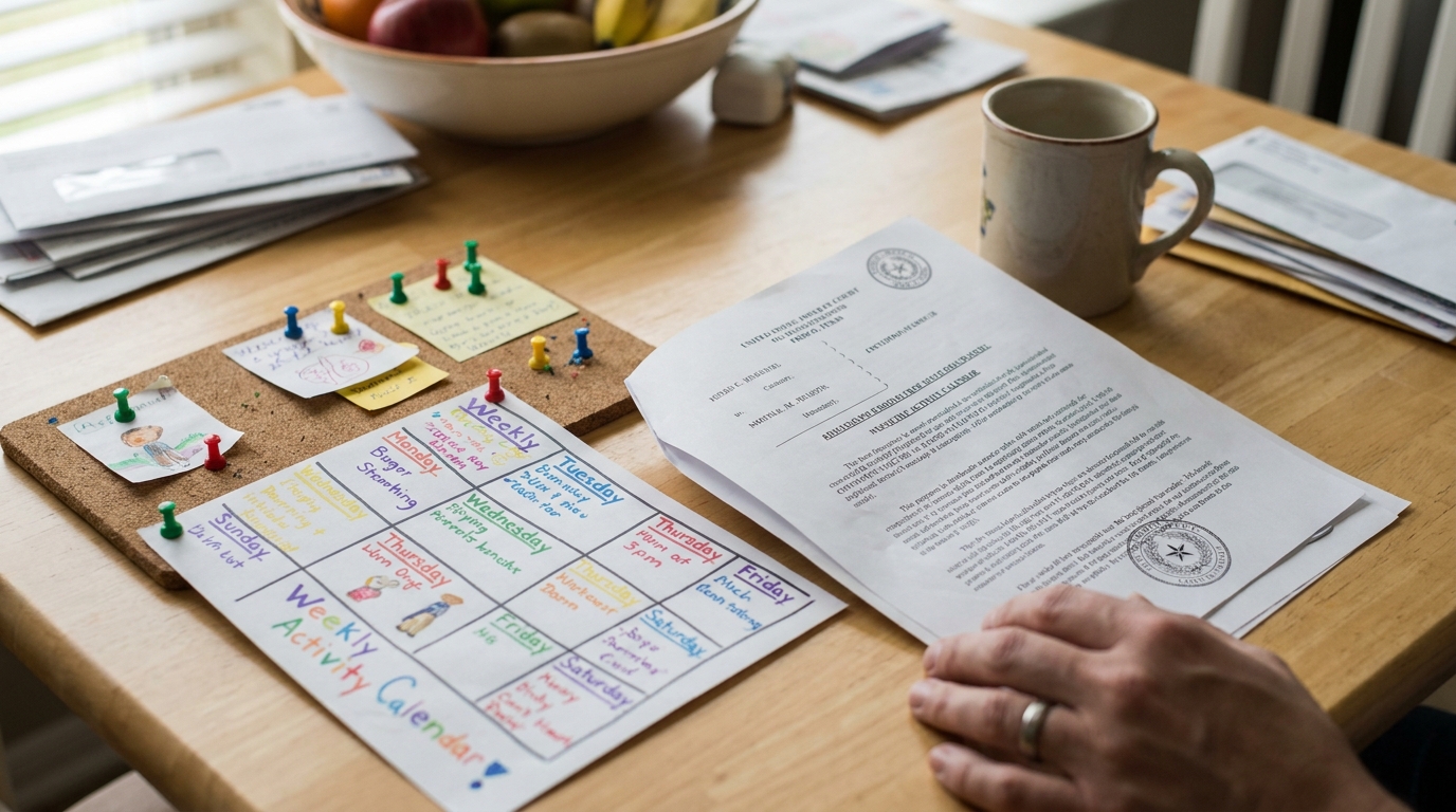 person holding court document beside weekly activity calendar on family table