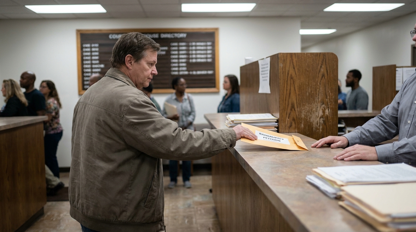 man submitting bankruptcy petition envelope at courthouse clerk counter