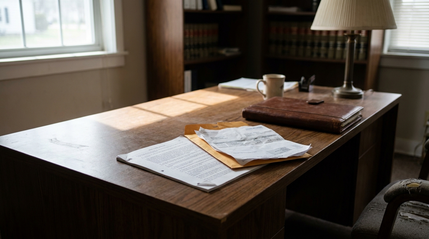 Dayton Ohio Personal Injury Attorney Office Desk With Legal Documents law office desk with legal documents, envelope, leather portfolio, and law books
