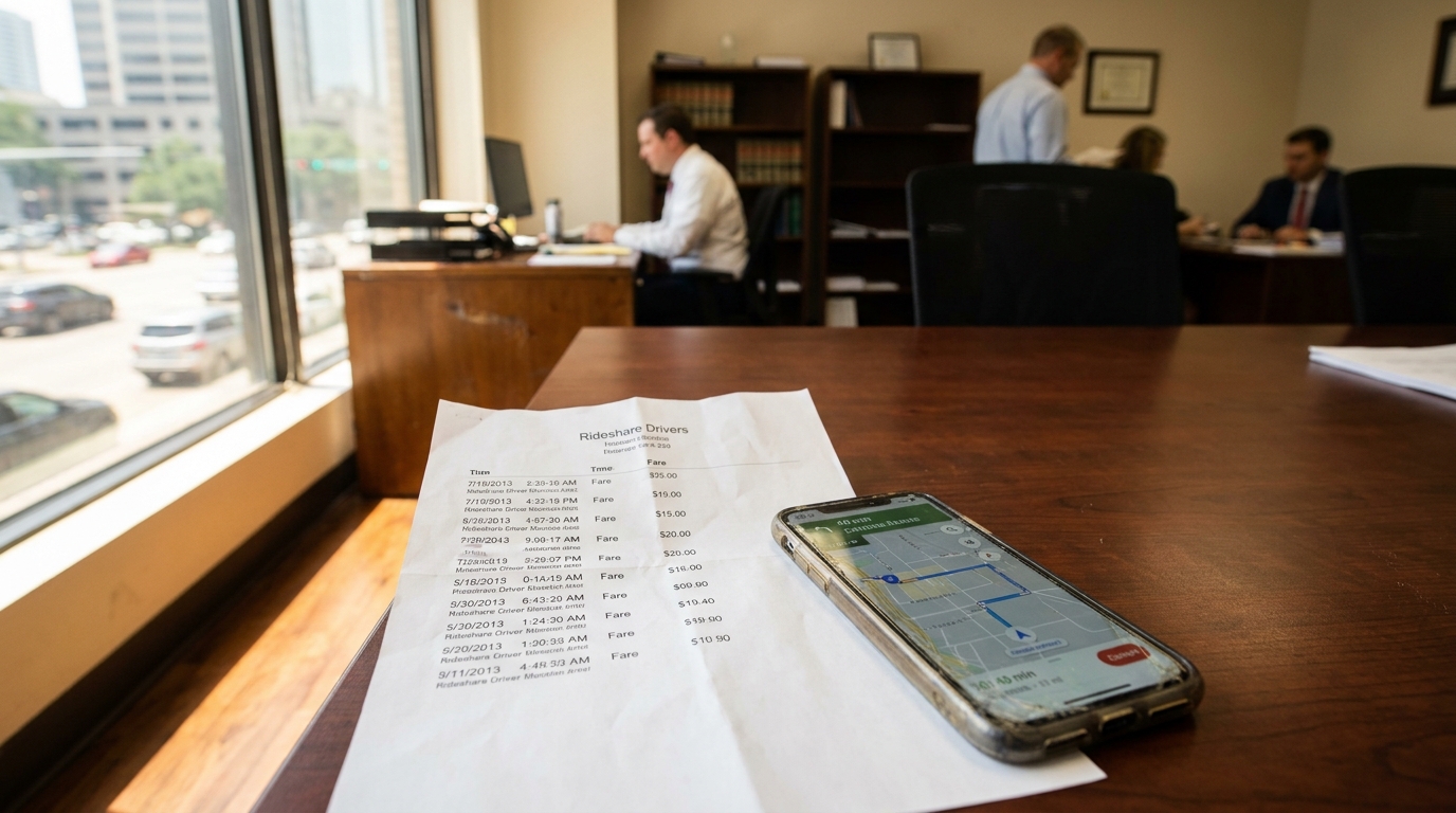 Houston Rideshare Driver Fatigue Evidence Trip Records Rideshare Drivers fare log document and smartphone with map app on law office conference table