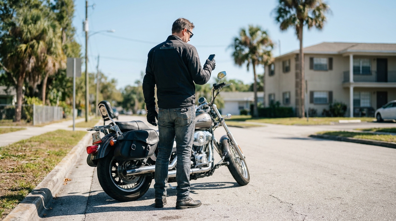motorcyclist standing beside parked cruiser motorcycle using smartphone on roadside
