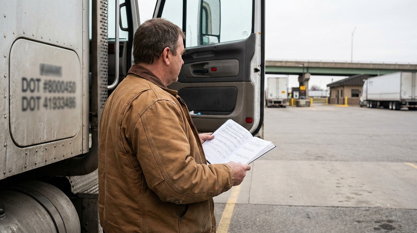 Dayton Truck Driver Reviewing Hours of Service Logbook truck driver reviewing logbook beside semi-truck displaying DOT registration numbers