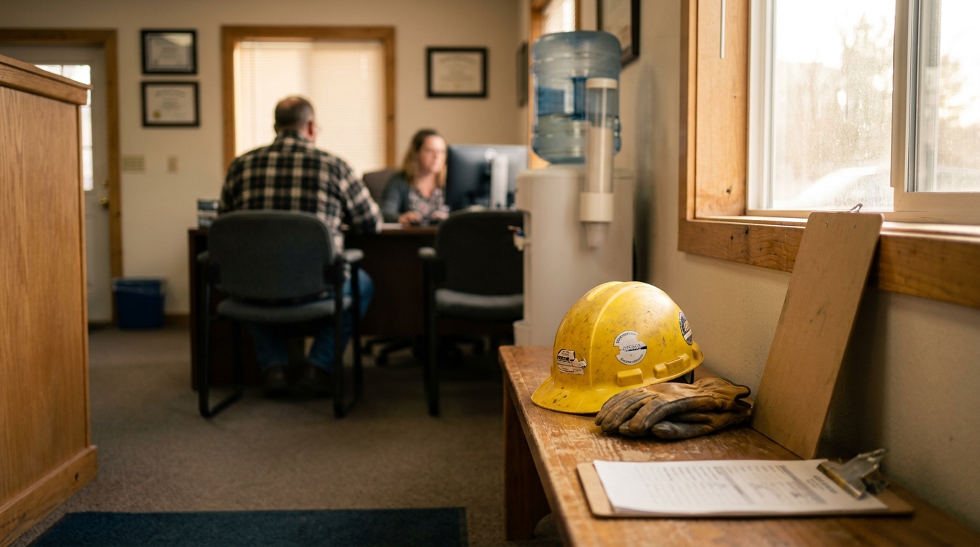 construction hard hat and work gloves on bench inside law office during consultation