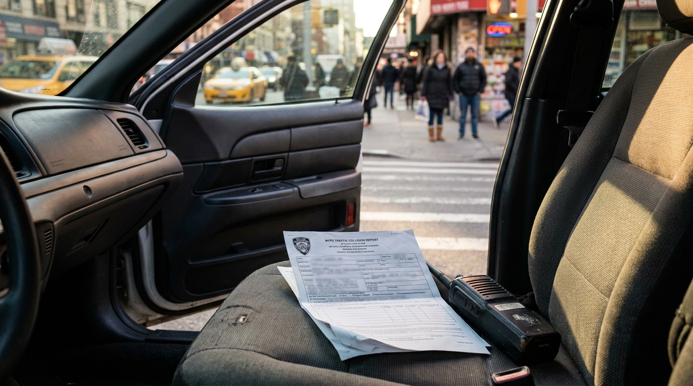NYPD traffic collision report form resting on vehicle passenger seat at urban intersection