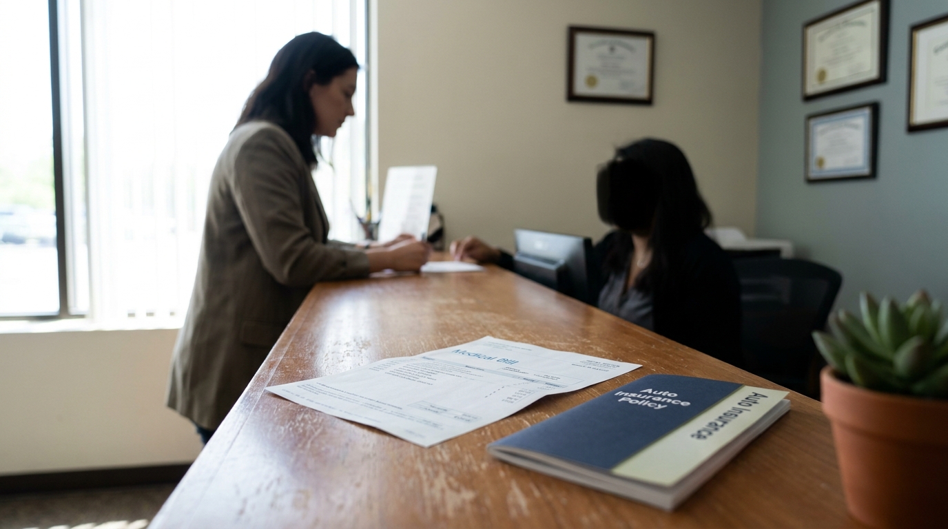 Medical bill and auto insurance policy documents on law office reception desk