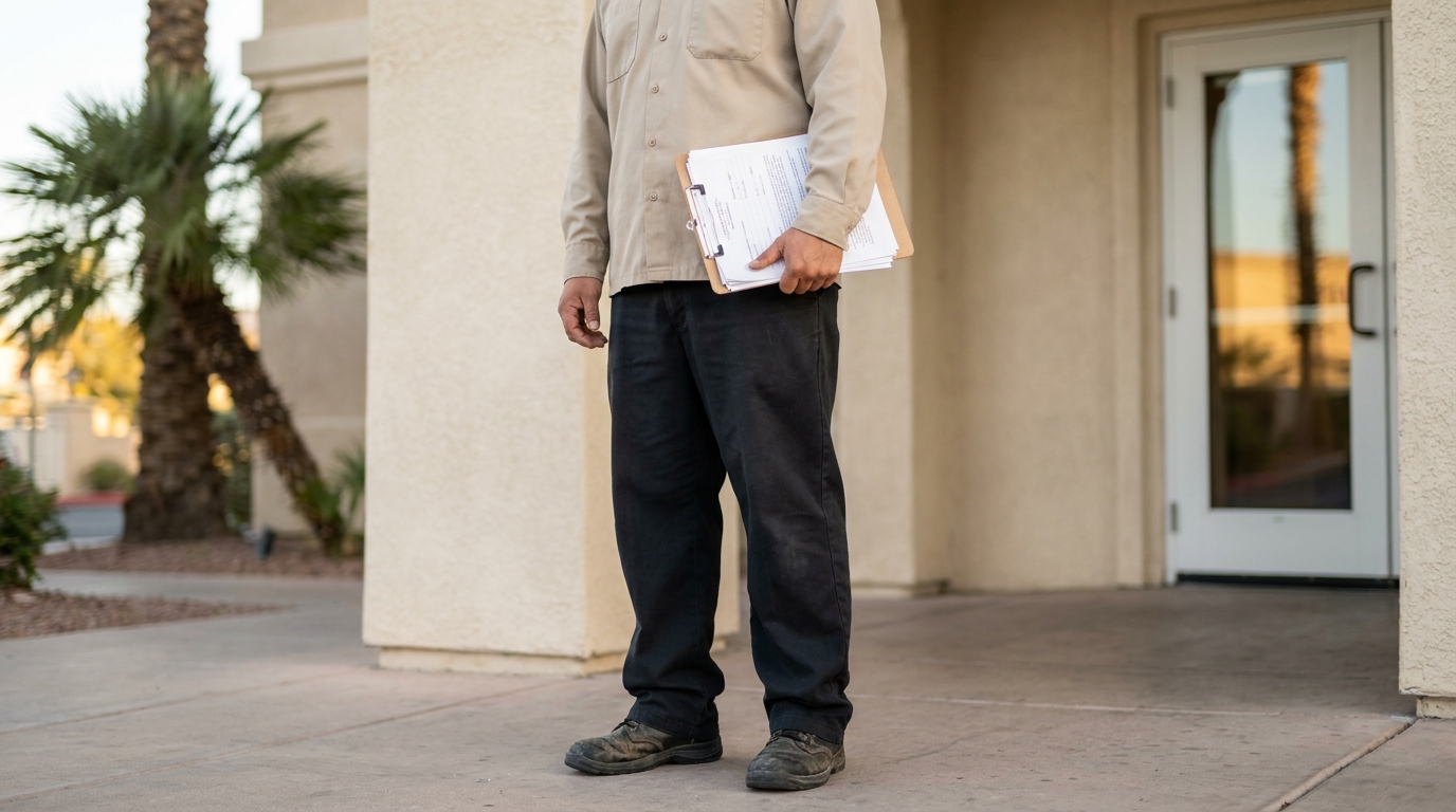 worker standing outside building holding clipboard with stacked documents