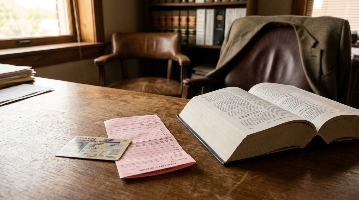 Missouri driver's license, traffic citation, and open law book on attorney's desk
