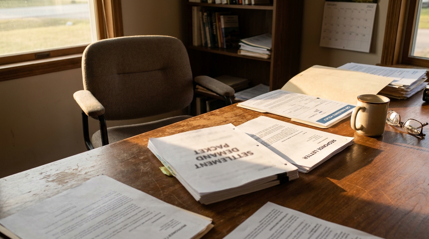 Settlement demand packet and response letter spread across attorney office desk