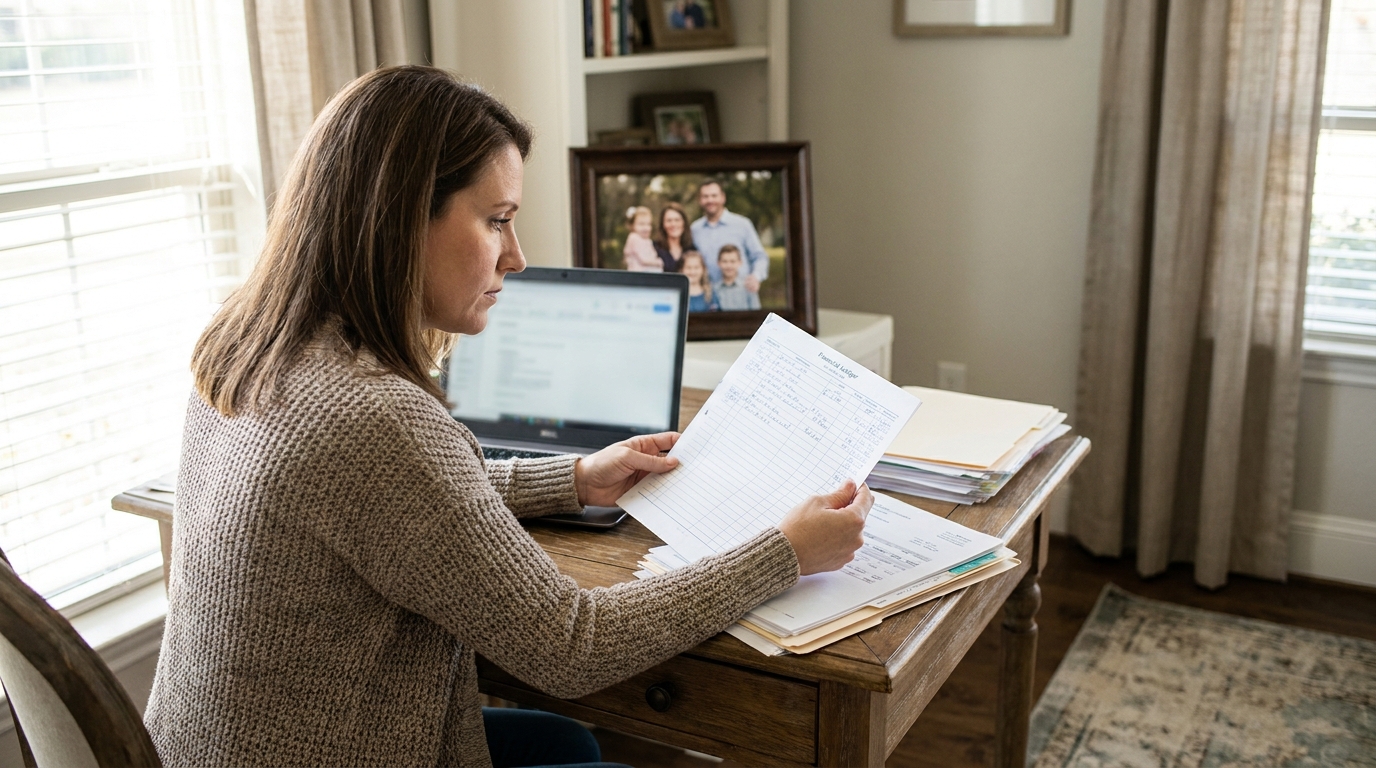 Woman Reviewing Financial Records for Texas Divorce Commingling woman reviewing financial ledger documents at home desk with laptop open