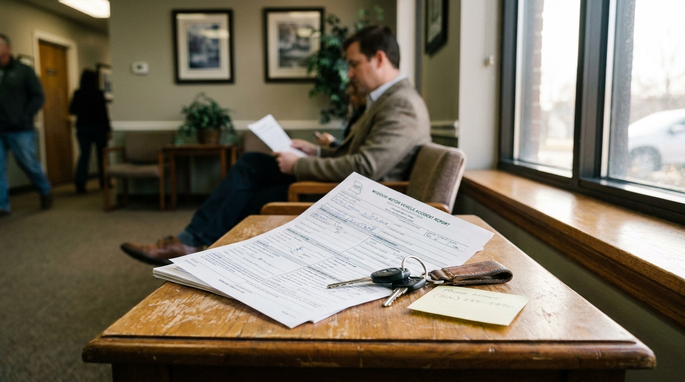 Missouri Motor Vehicle Accident Report form and car keys on wooden desk in waiting area