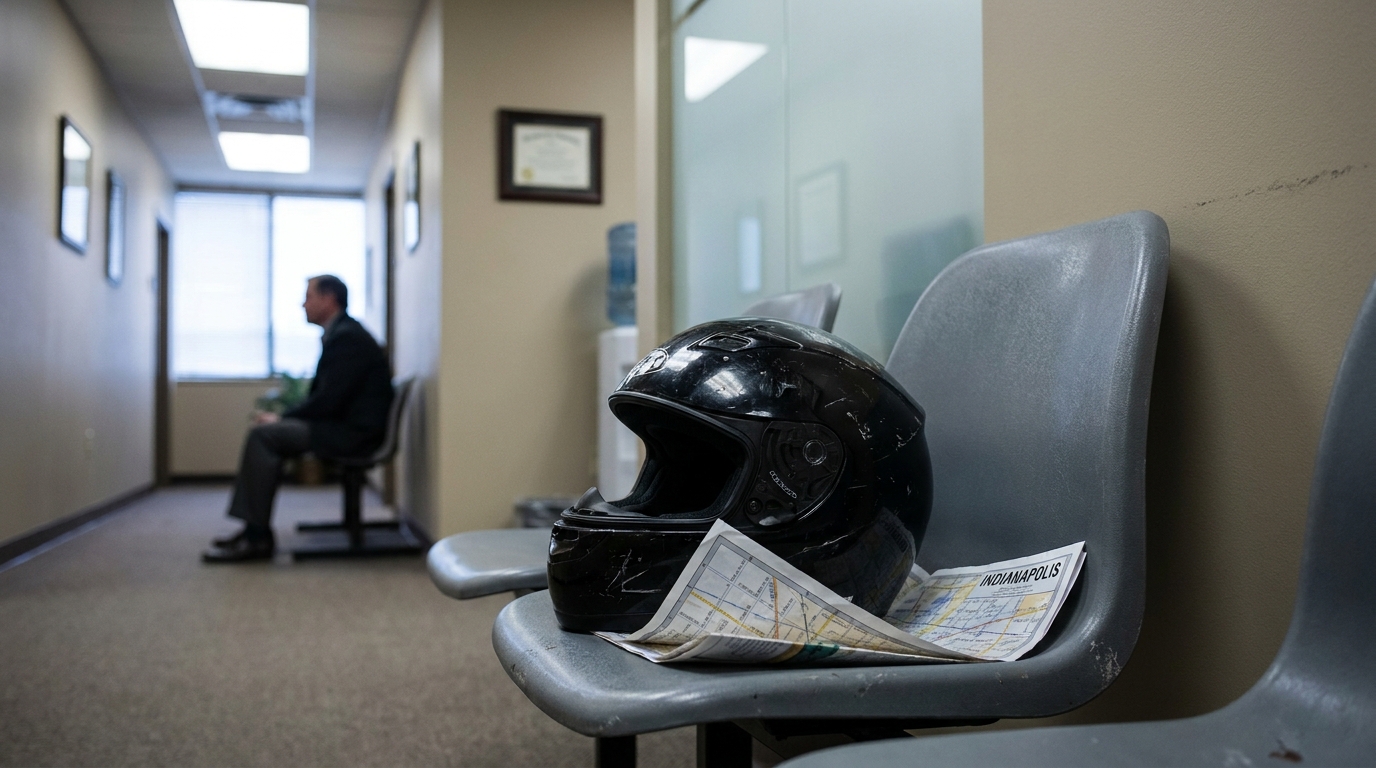 Motorcycle Helmet and Indianapolis Map in Attorney Waiting Room motorcycle helmet and Indianapolis map on chair in law office waiting area