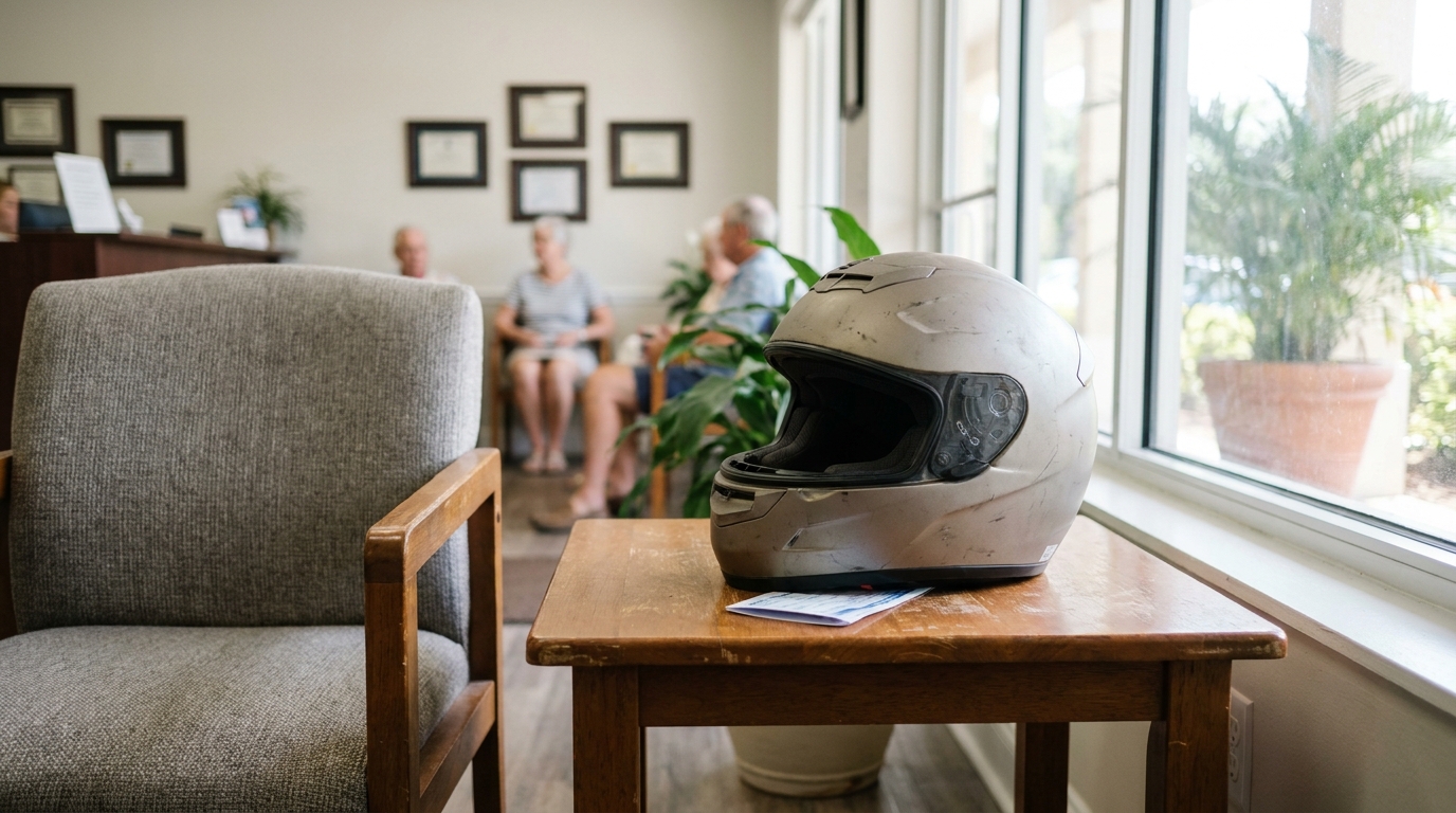 Motorcycle Helmet in Attorney Waiting Room The Villages FL motorcycle helmet resting on wooden table in law firm waiting room