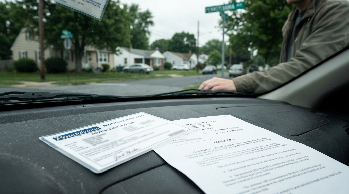 Pennsylvania Driver Insurance Card and Car Accident Filing Notice Pennsylvania driver's insurance card and court filing notice on vehicle dashboard