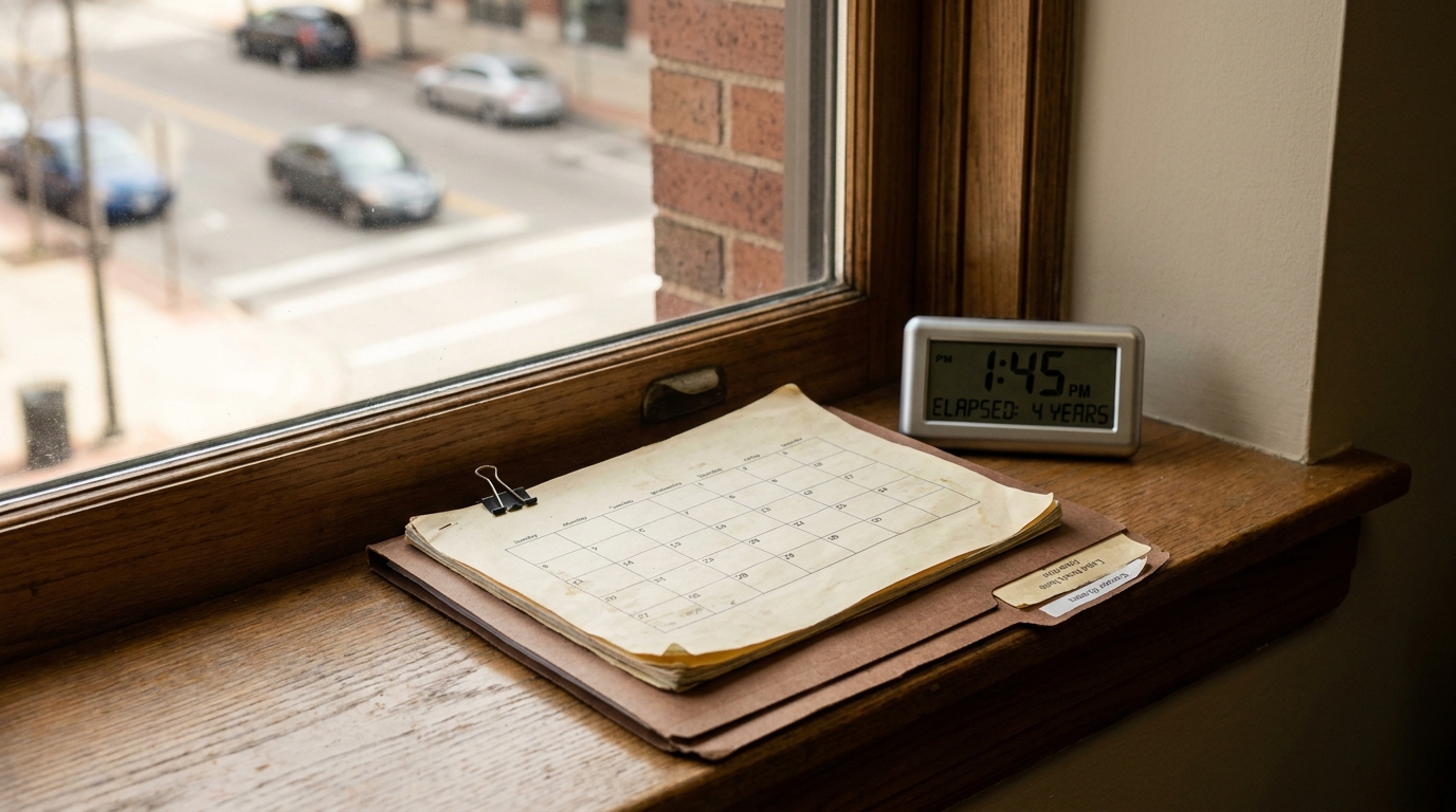 Centennial Colorado Truck Accident Statute of Limitations Deadline aged calendar clipped to legal folder beside digital clock displaying elapsed 4 years