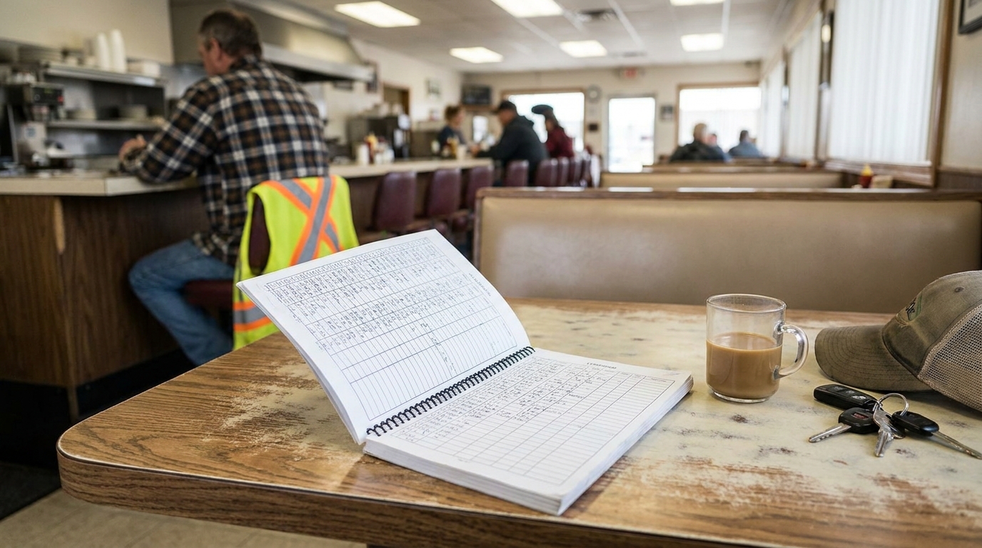 open spiral logbook on diner table beside coffee mug and car keys with worker in safety vest nearby