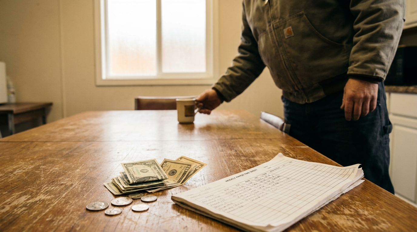 worker standing at table with cash, coins, and weekly payroll timesheet