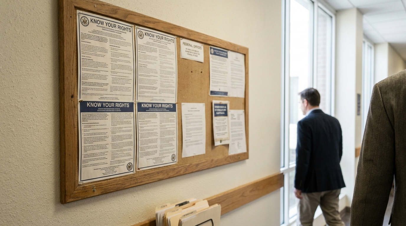 EEOC Know Your Rights Workplace Discrimination Redondo Beach Know Your Rights workplace posters displayed on office bulletin board near window