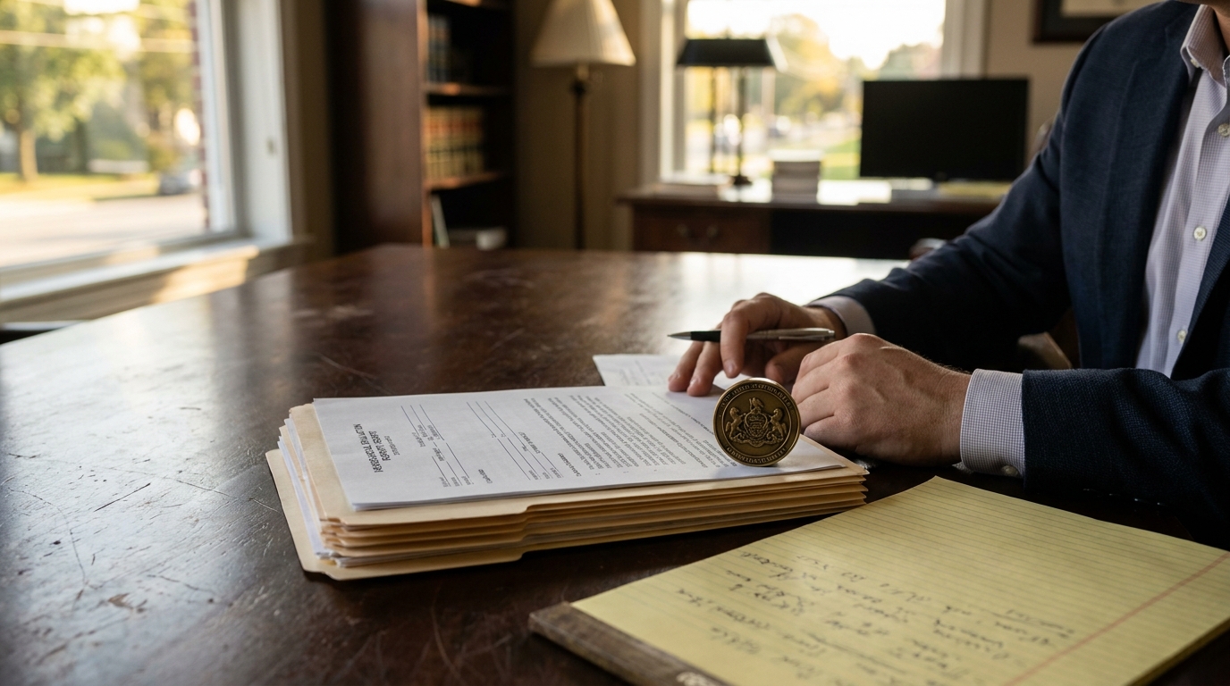PA Attorney Reviewing TBI Settlement Case Files attorney holding official seal stamp over stacked legal documents and case files