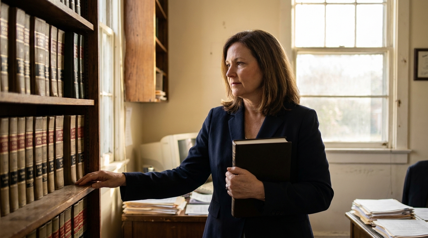 Houma Louisiana Living Will Attorney With Law Books female attorney in blazer holding book beside law library shelves