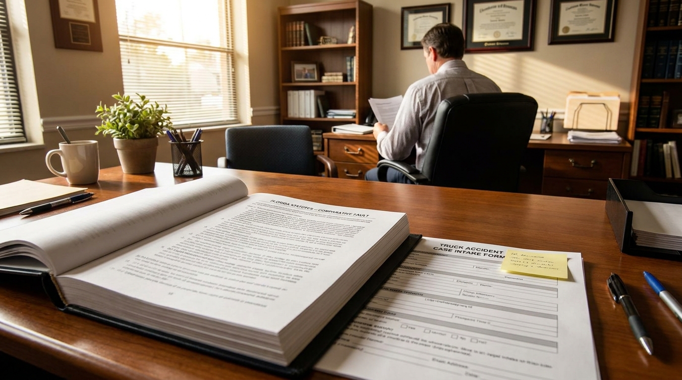 Miami Truck Accident Lawyer Reviewing Florida Comparative Fault Case Truck Accident Case Intake Form and Florida Statutes document on attorney's desk