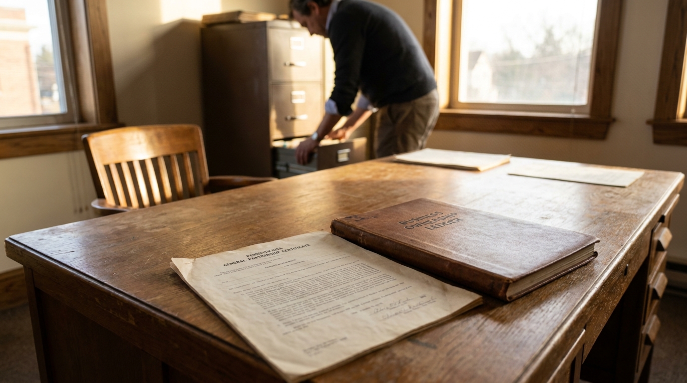 Philadelphia Partnership Certificate and Business Ownership Ledger Desk General Partnership Certificate and Business Ownership Ledger on wooden desk