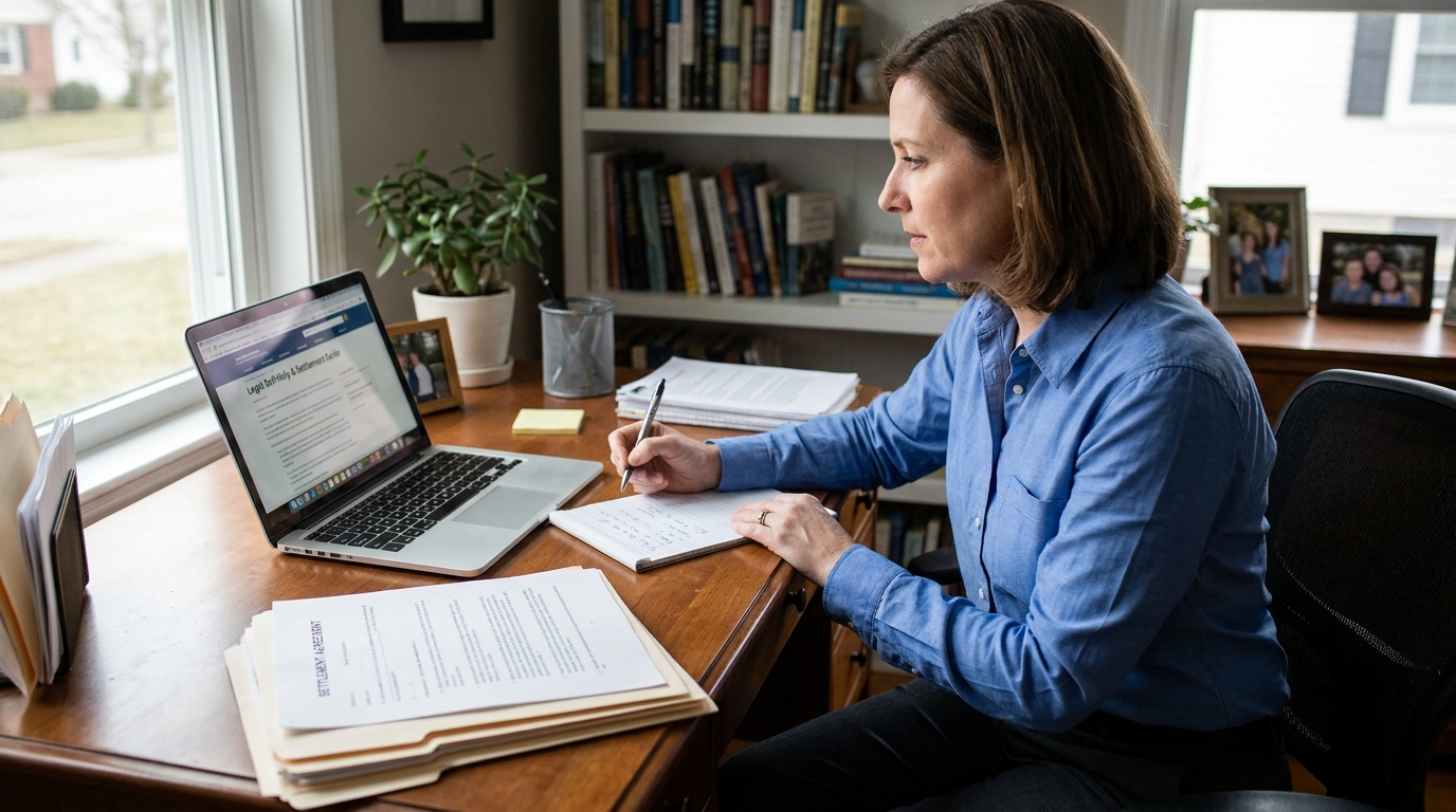 Hollywood Florida Woman Reviewing Slip and Fall Settlement Agreement woman writing notes at desk beside settlement agreement documents and open laptop
