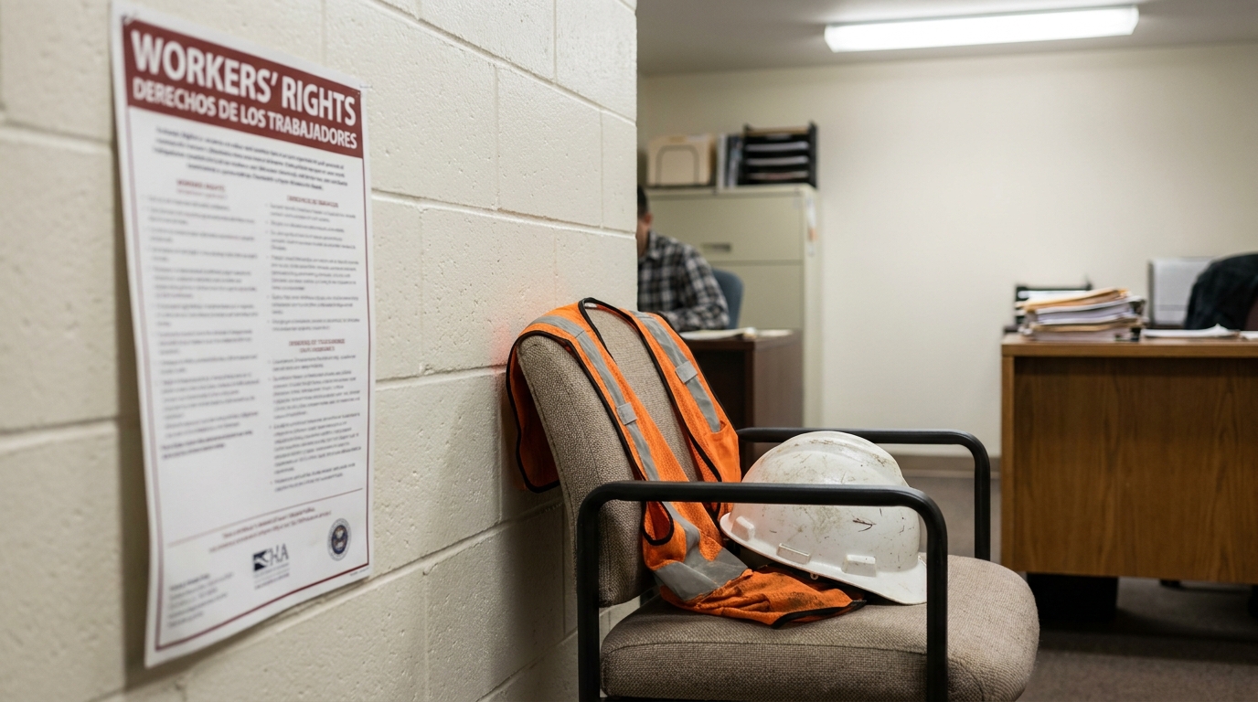 San Bernardino Construction Worker Rights Office Workers Comp Workers' Rights poster on wall beside hard hat and safety vest on chair