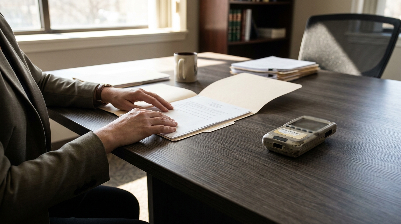 attorney reviewing open legal file folder on office desk with stacked documents