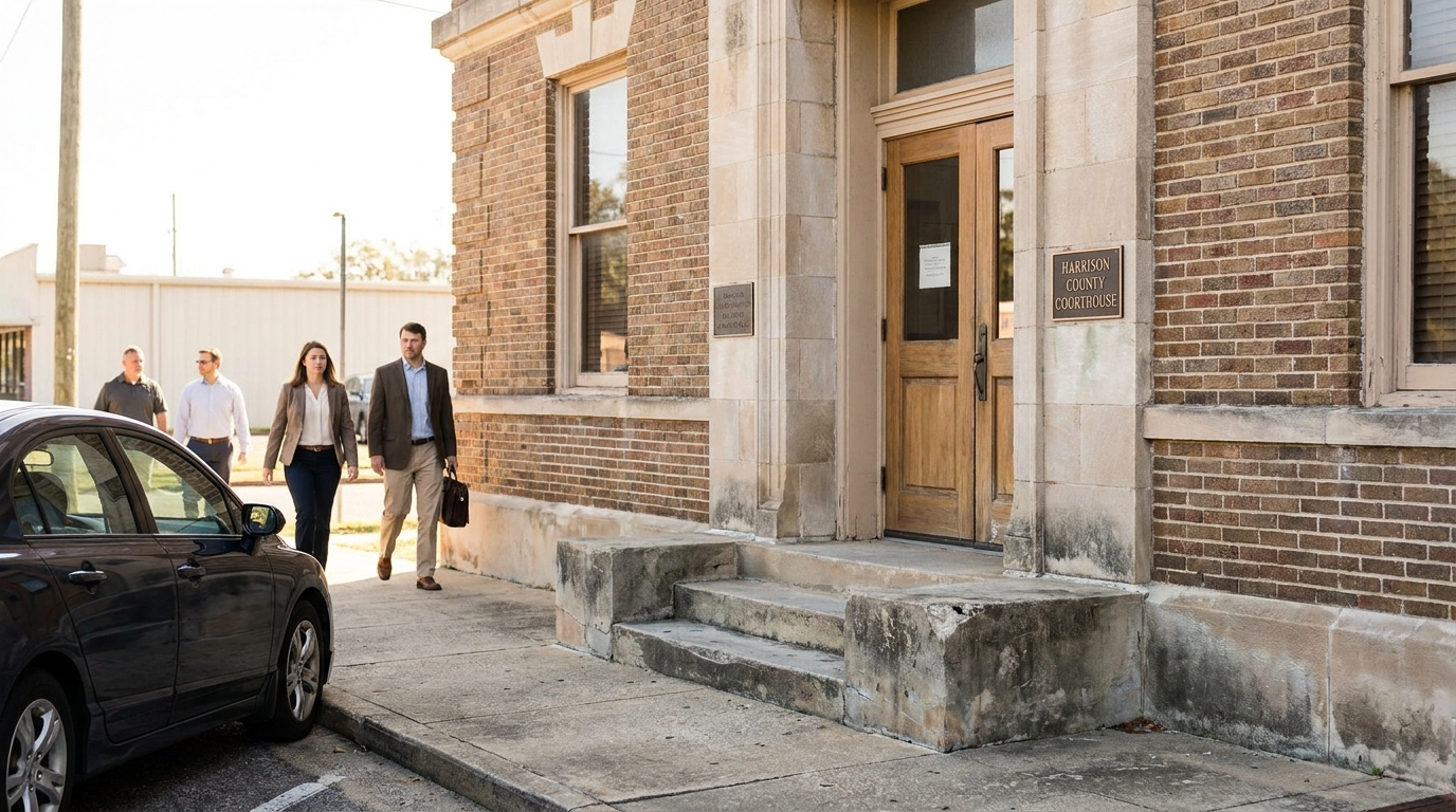 Tupelo Mississippi Lawyers Leaving Courthouse After Accident Claim attorneys walking outside Harrison County Courthouse brick building entrance with steps