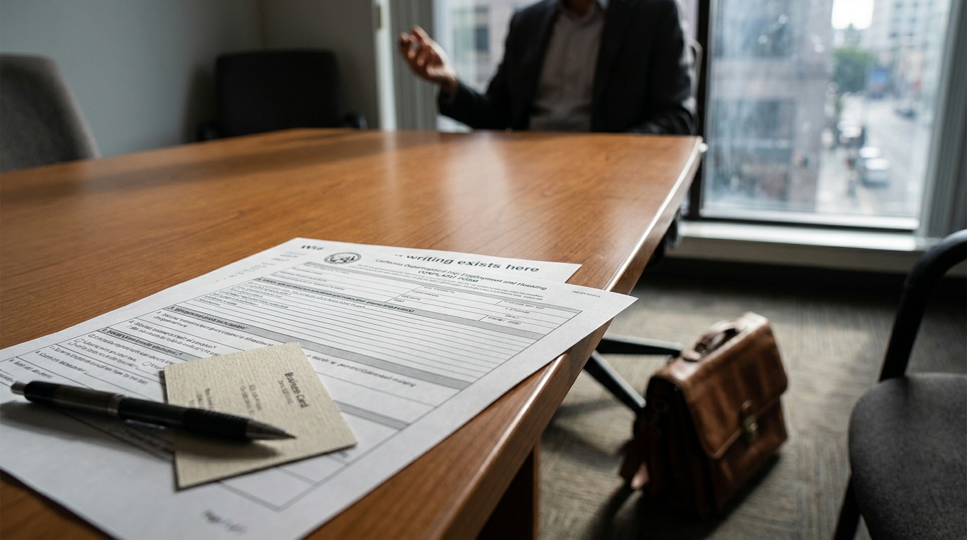 Redondo Beach Hostile Work Environment Harassment Complaint Form DFEH complaint form and pen on desk during attorney meeting