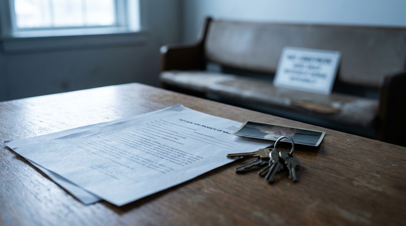 Petition for Probate of Will document and house keys resting on wooden table