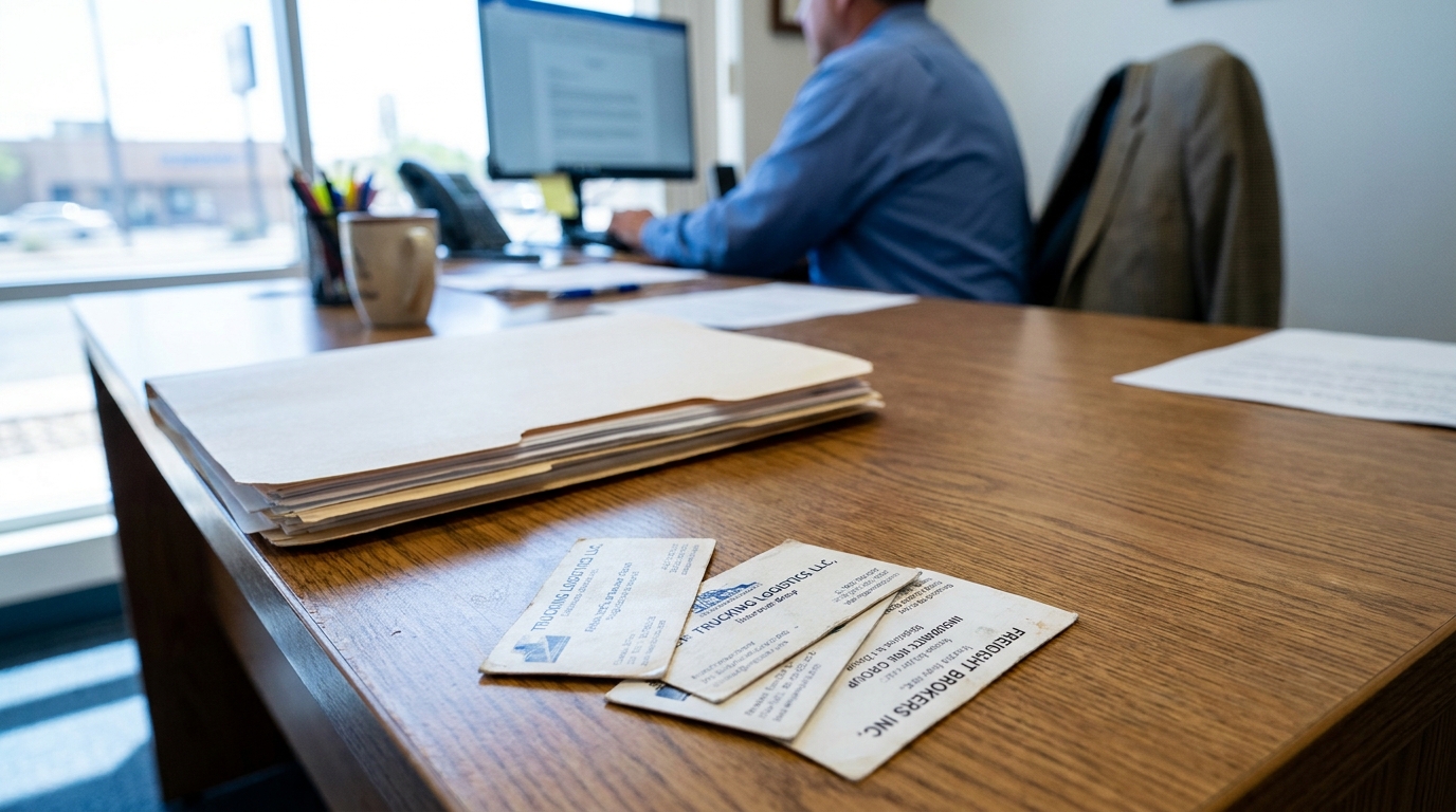 business cards from Trucking Logistics LLC and Freight Brokers Inc on attorney desk with case files