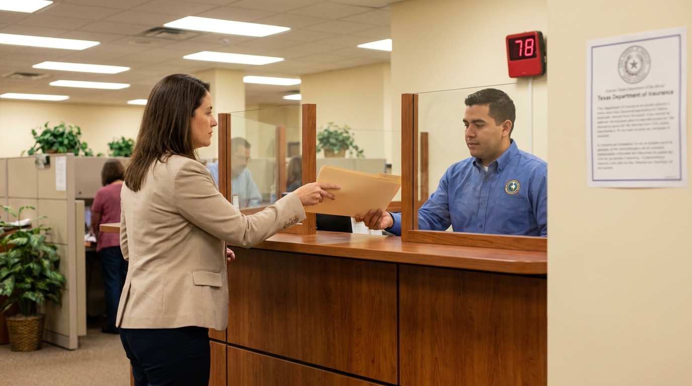 Houston Woman Filing Insurance Claim at Texas Department of Insurance woman handing envelope to Texas Department of Insurance office clerk at service counter