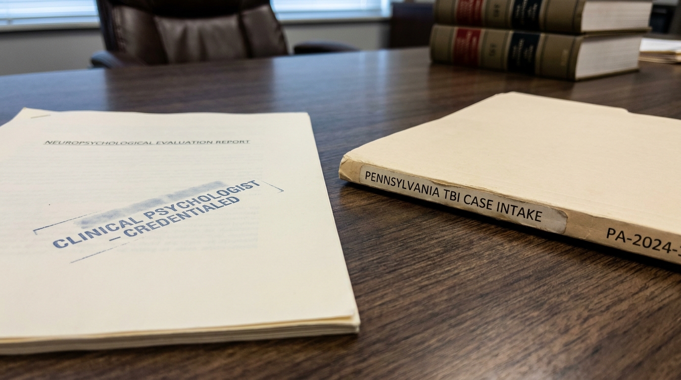 Neuropsychological Evaluation Report Pennsylvania TBI Case File Neuropsychological evaluation report and Pennsylvania TBI case intake folder on desk