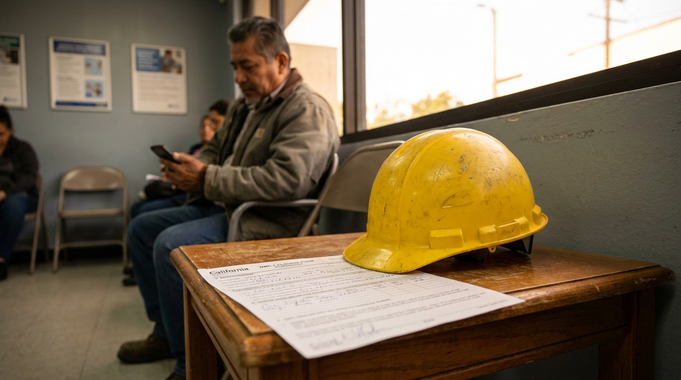 construction hard hat resting on California workers compensation form in waiting room