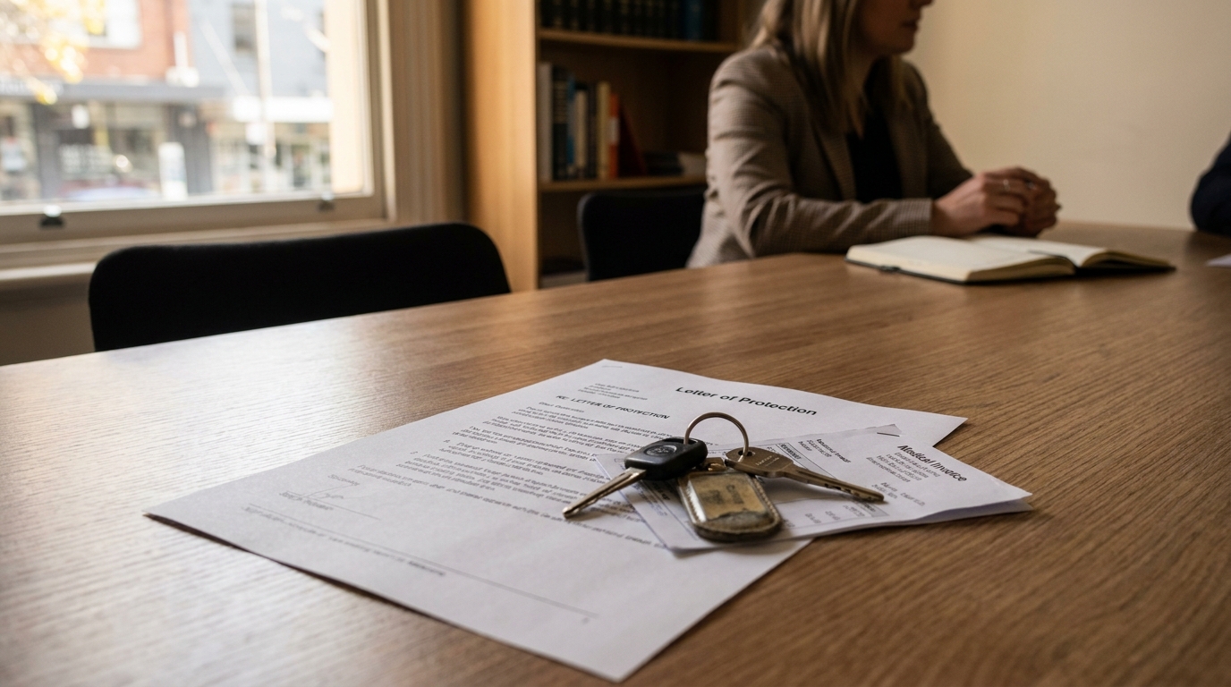 Letter of Protection document and car keys on desk during legal consultation