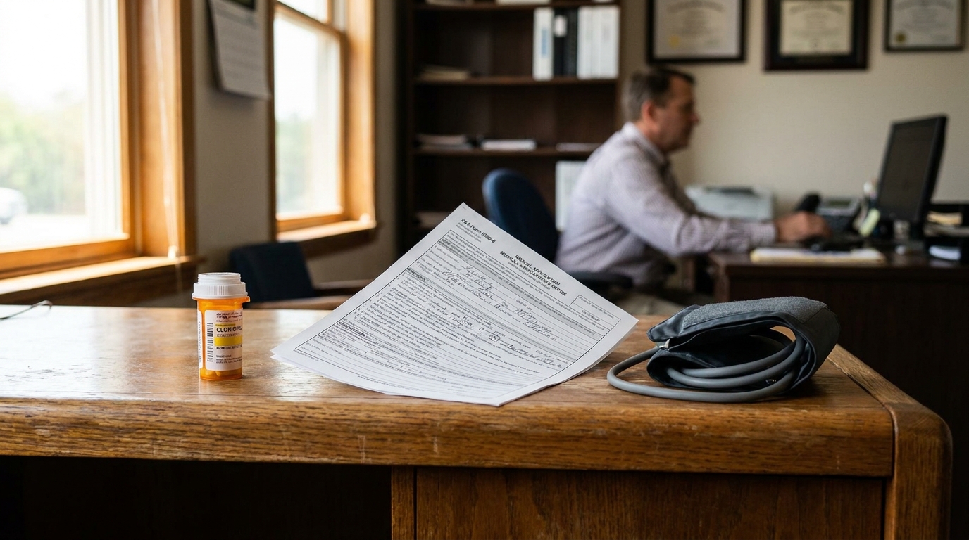 Clonidine Prescription FAA Medical Certificate Blood Pressure medical application form, prescription bottle, and blood pressure cuff on wooden desk