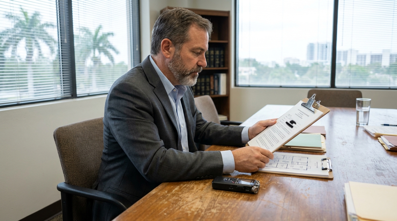 suited attorney reviewing documents on clipboard at conference room table
