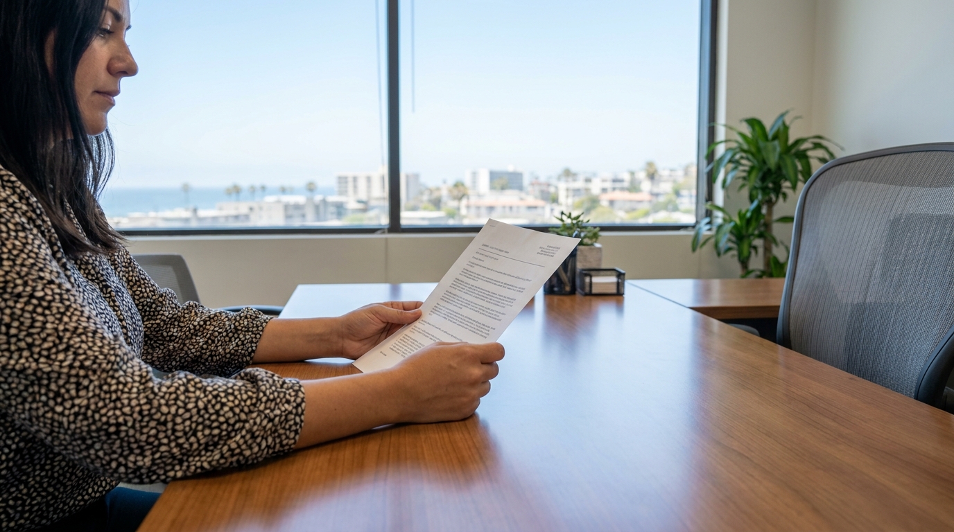 Employee Reviewing Personnel File Request Redondo Beach Office woman seated at conference table reviewing printed legal document in office