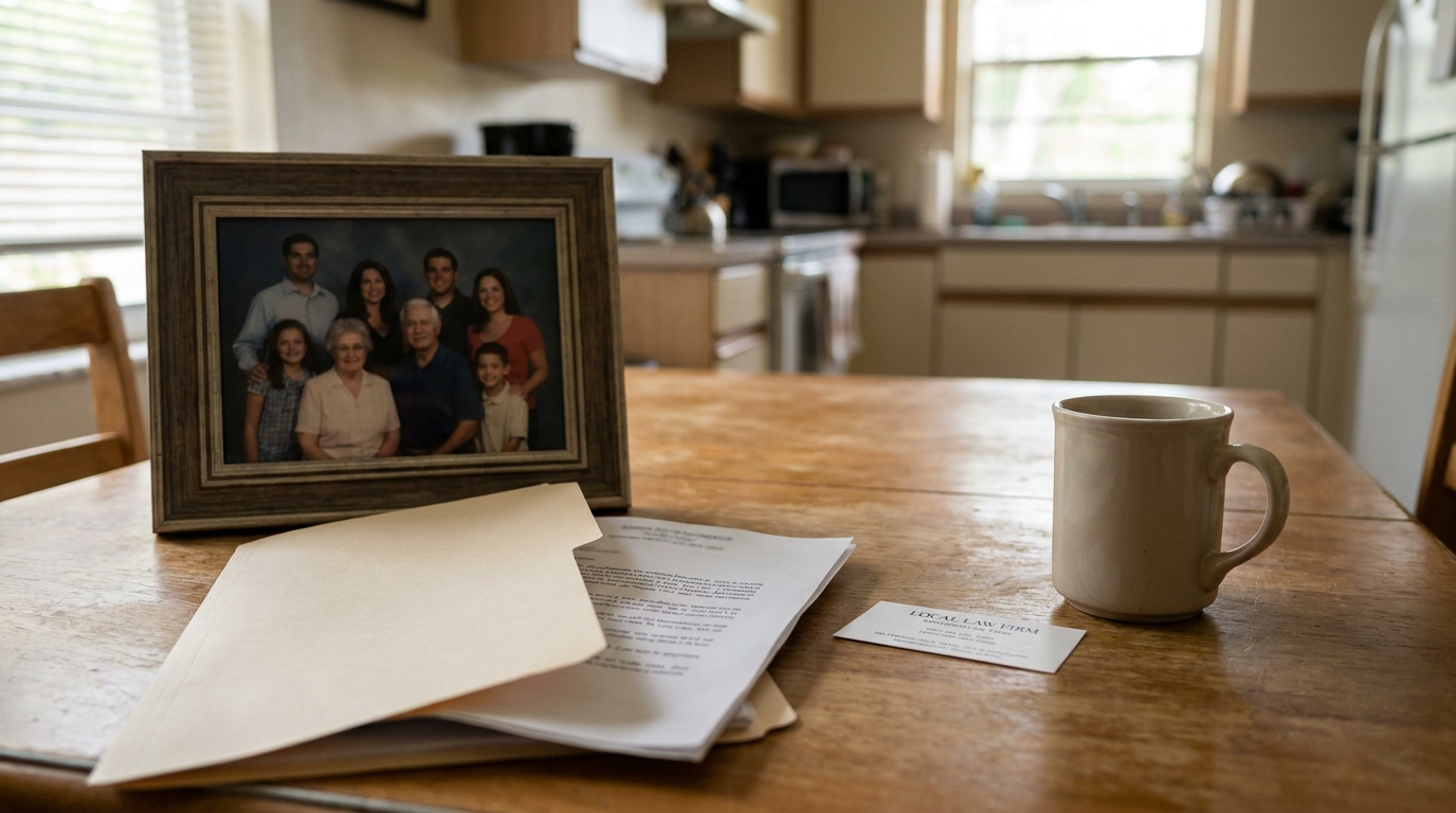 Fort Lauderdale Family Wrongful Death Lawsuit Legal Documents framed family portrait beside legal documents and Local Law Firm business card on kitchen table