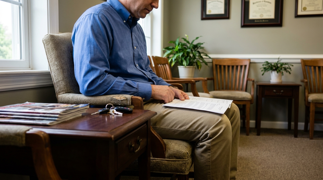 man seated in law office waiting room reviewing legal document with framed certificates on wall