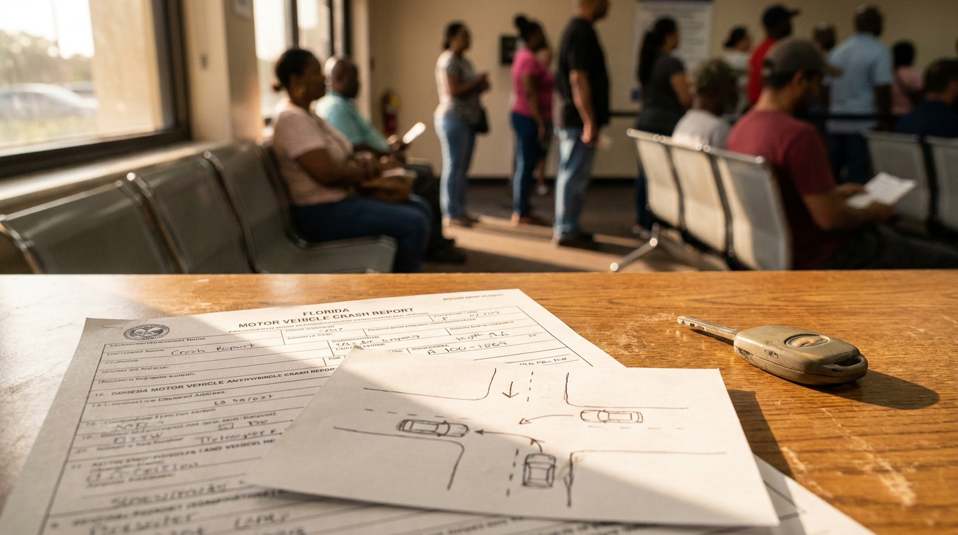 Florida Motor Vehicle Crash Report form and car key on desk in waiting room